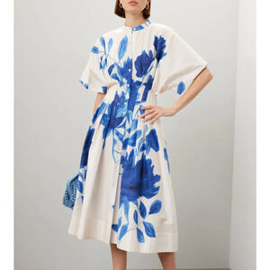 Natori Blue Floral Fit Flare Dress Size 8 Shirt Cotton Romantic Designer $500